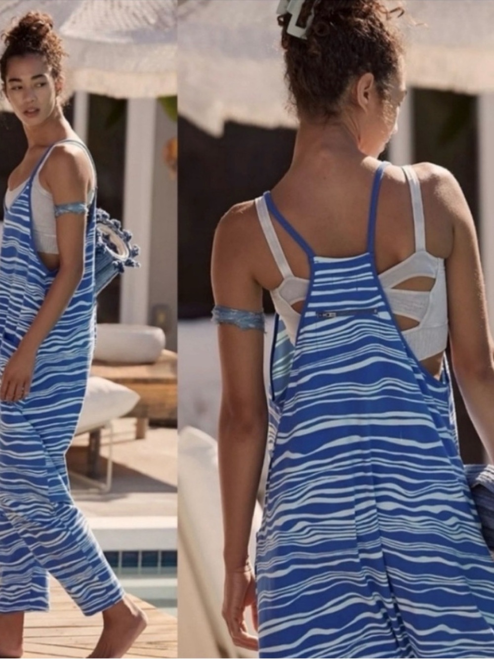 Free People Blue & White Striped Racerback Jumpsuit